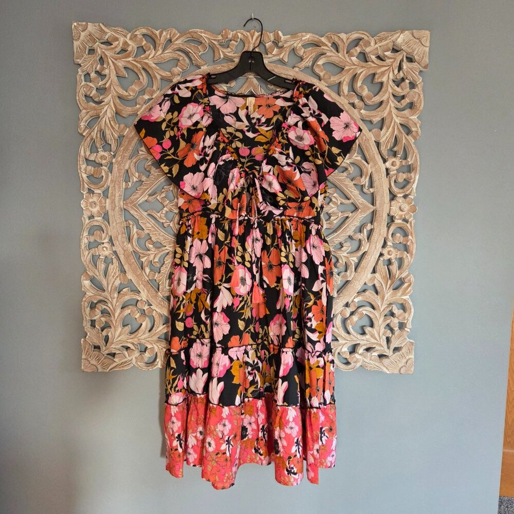 Anthropologie RAGA Flutter Sleeve Floral Midi Dress, Pink Orange Black,  Large